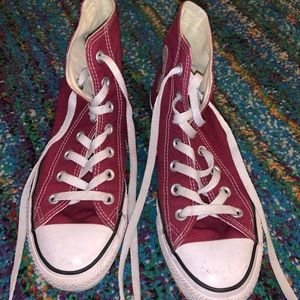 Burgundy red high top converse